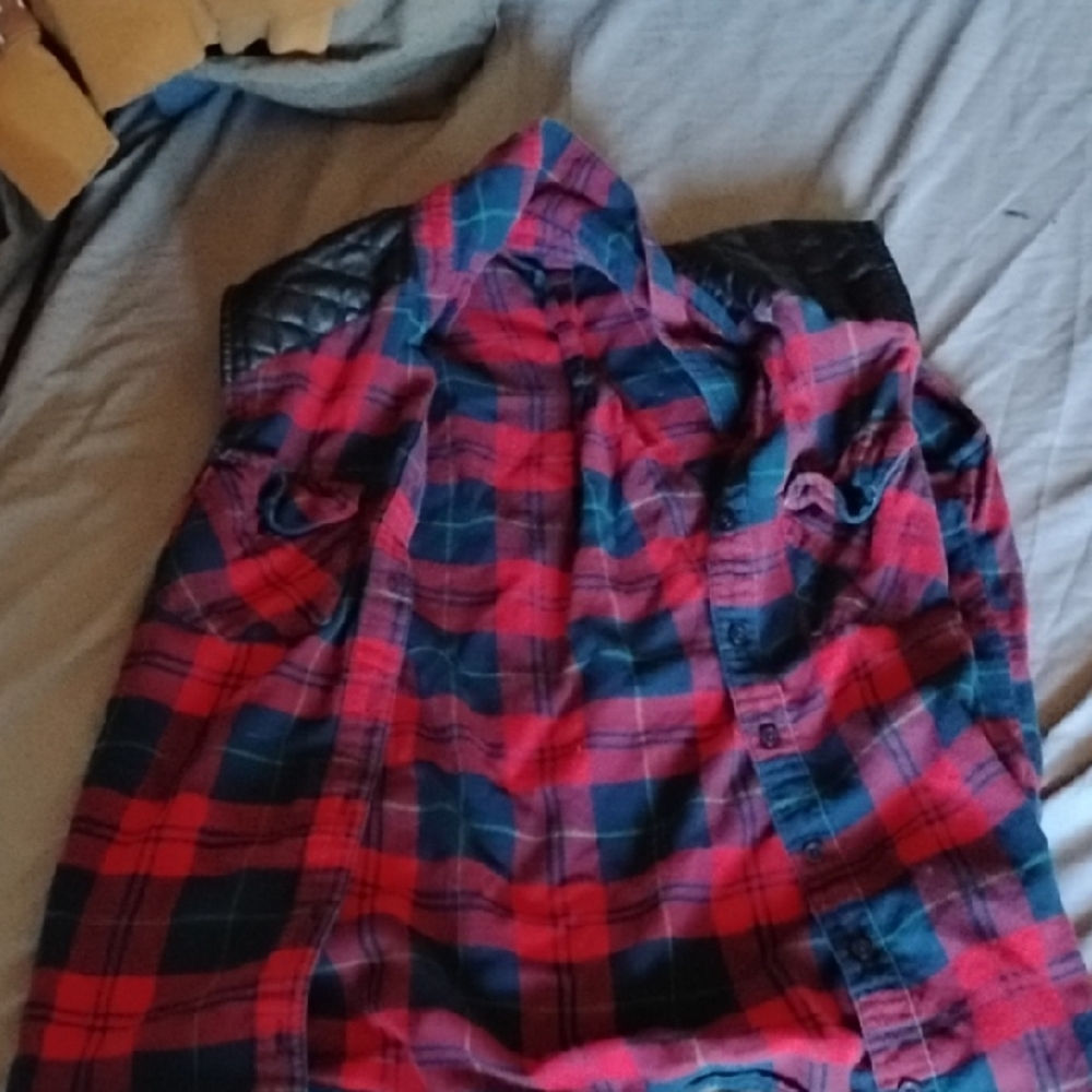 Red and Blue Plaid Shirt with Black Accents